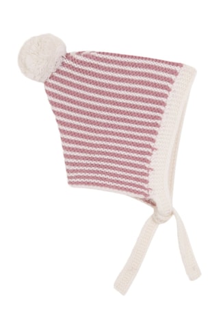 Bonnet à pompon en mérinos - Mauve et blanc