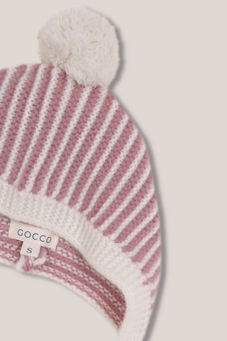 Bonnet à pompon en mérinos - Mauve et blanc