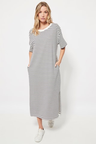 Midi-jurk. Wit en Marineblauw