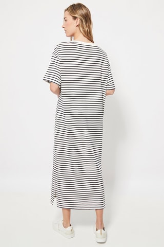 Midi-jurk. Wit en Marineblauw