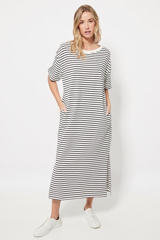 Midi-jurk. Wit en Marineblauw