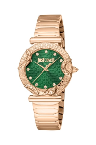 Stalen Quartz Horloge met Tsjechische Kristallen - Roségoudkleurig en Groen 