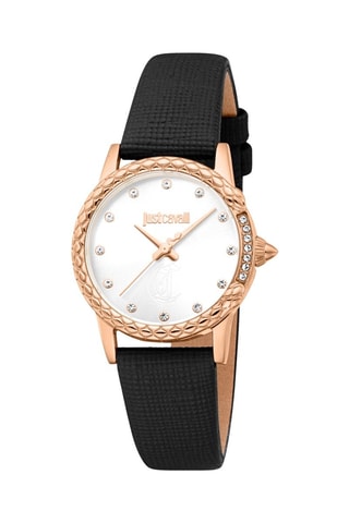 Leren Quartz Horloge met Tsjechische Kristallen - Zwart en Roségoudkleurig