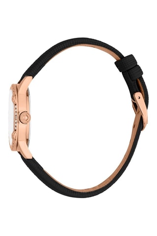 Leren Quartz Horloge met Tsjechische Kristallen - Zwart en Roségoudkleurig