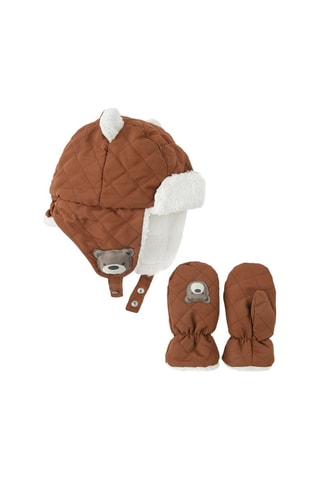 Bonnet aviateur à oreilles et moufles - Marron