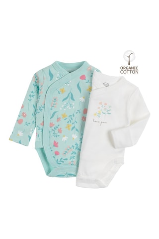 2 bodys en coton biologique - Turquoise et blanc