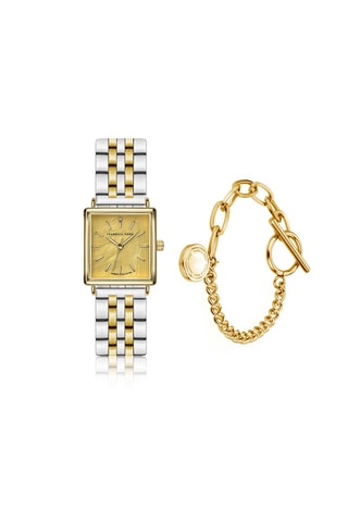 Set Doublé Geelgoud Ion, Doublé Zilver Ion, Parelmoer en Diamanten Quartz Horloge en Armband Gisèle