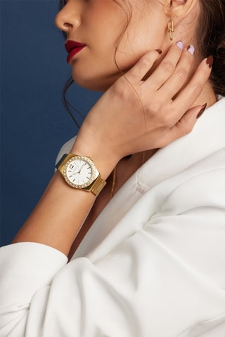 Stalen Quartz Horloge met Zirkonia’s Classic - Goudkleurig en Wit