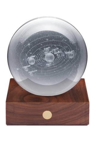 Candeeiro de mesa sistema solar em madeira Amber Crystal Light branco e transparente