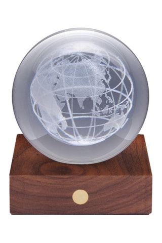 Candeeiro de mesa Globo terrestre em madeira Amber Crystal Light branco e transparente