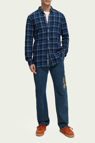 Chemise regular en lin - Bleu roi et gris clair