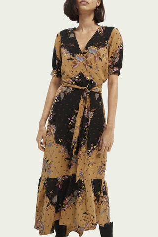 Robe portefeuille en lin - Noir et beige