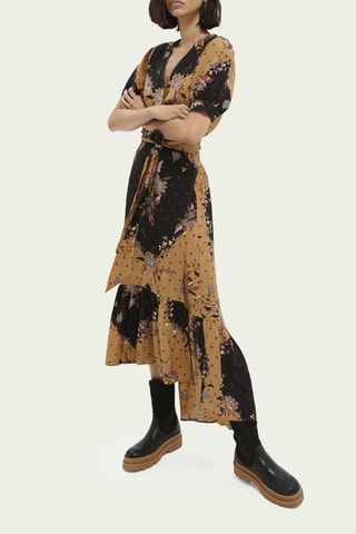 Robe portefeuille en lin - Noir et beige