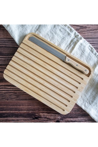 Planche à découper et couteau à pain en acier inoxydable et bambou - 32 cm