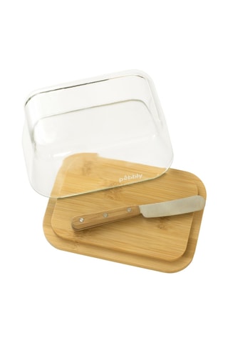 Beurrier en verre borosilicate et bambou et couteau à beurre en acier inoxydable