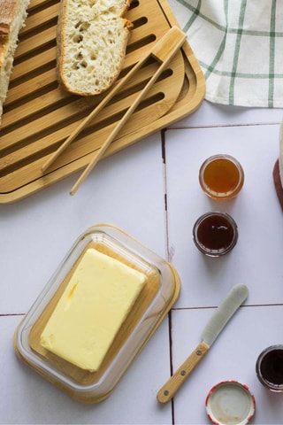 Beurrier en verre borosilicate et bambou et couteau à beurre en acier inoxydable