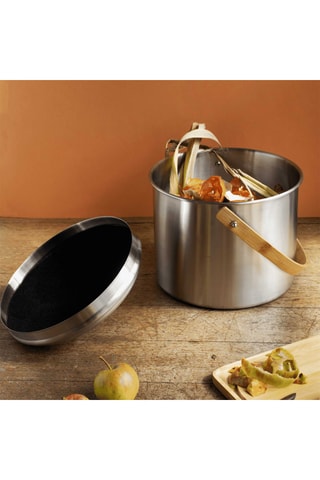 Seau à compost d’intérieur en acier inoxydable et bambou - 7 l