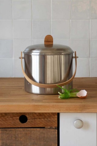 Seau à compost d’intérieur en acier inoxydable et bambou - 7 l