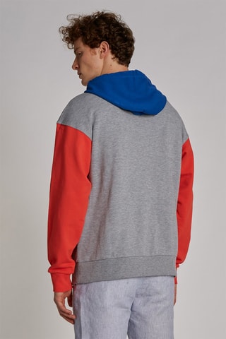 Sweat polaire à capuche - Gris chiné, rouge et bleu