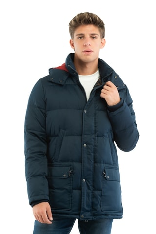 Lange gewatteerde jas met capuchon - Marineblauw