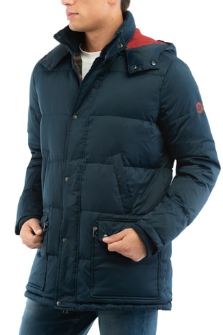 Lange gewatteerde jas met capuchon - Marineblauw