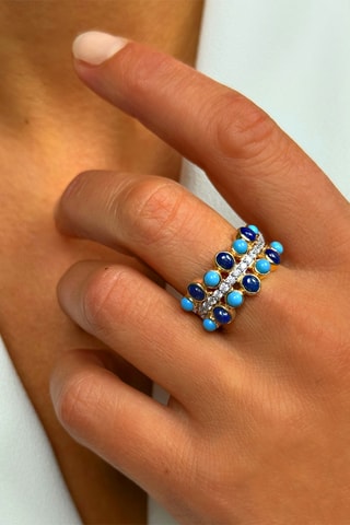 Bague - Argent plaqué or jaune, lapis-lazulis et turquoises