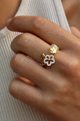 Bague - Argent plaqué or jaune, quartz et zircons