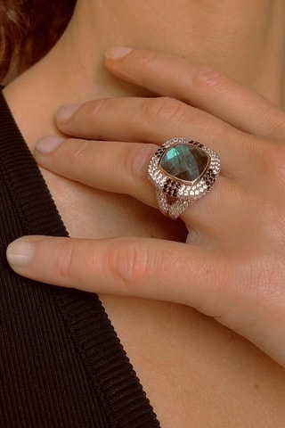 Bague - Argent plaqué or jaune, labradorite et spinelles