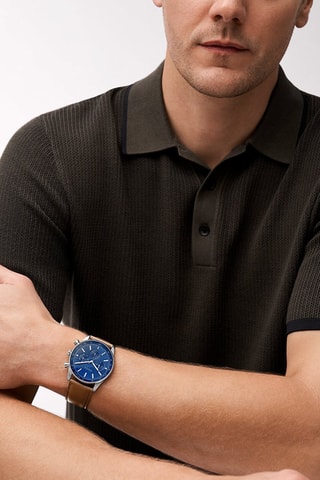 Leren Quartz Horloge Sullivan - Tachymeter - Camel en donkerblauw