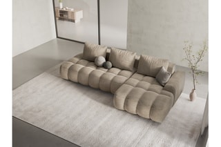 Canapé d’angle droit convertible Linz - Beige clair - 3 places - En tissu velours