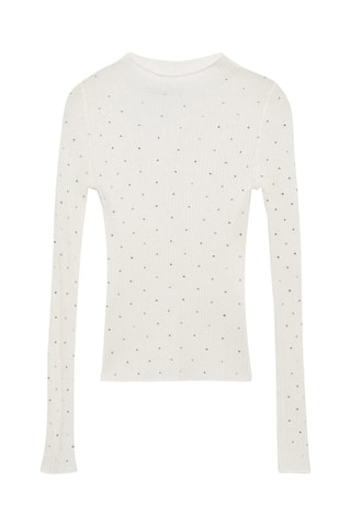 Pull-over maille côtelée détail strass - Écru