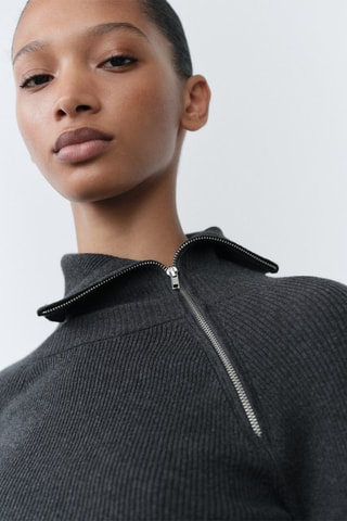 Pull-over maille côtelée col zippé - Gris