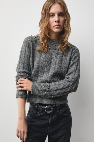 Pull-over torsades détail perles - Gris