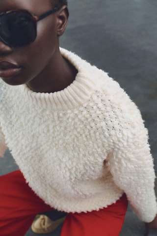 Pull-over tissu bouclette col rond - Ecru