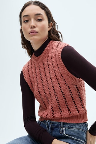 Gilet maille détails ajourés - Rose pâle