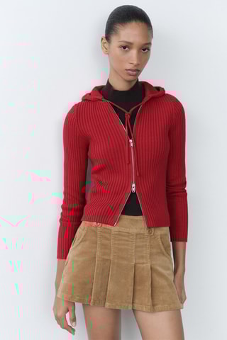 Cardigan maille côtelée capuche - Rouge