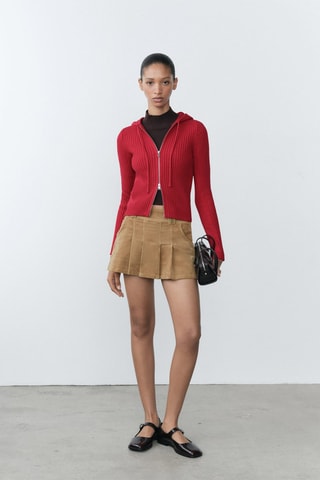 Cardigan maille côtelée capuche - Rouge