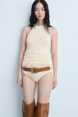 Top emmanchures américaines maille détails frangés - Écru