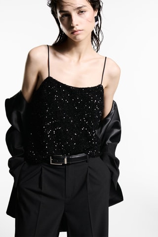Top sequins fines bretelles - Noir