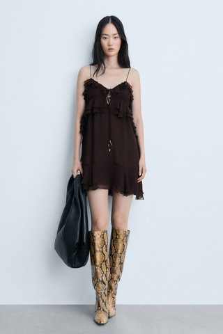 Robe gaze bretelles volants - Marron