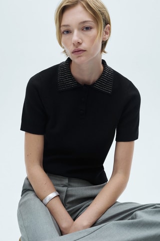 Polo maille col strass - Noir