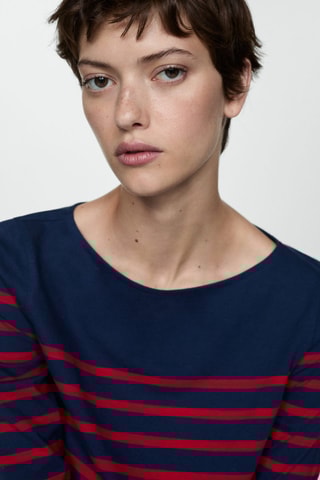 T-shirt rayures col bateau - Bleu marine