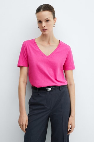 T-shirt col V 100 % coton - Fuchsia