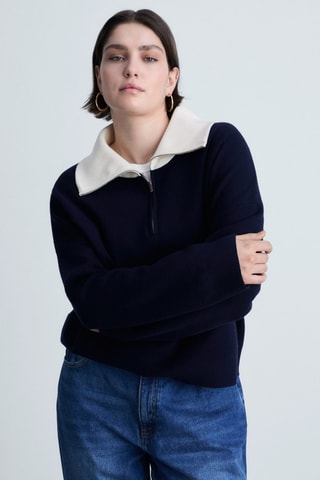 Pull maille col contrasté - Bleu marine