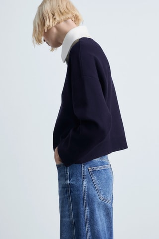 Pull maille col contrasté - Bleu marine