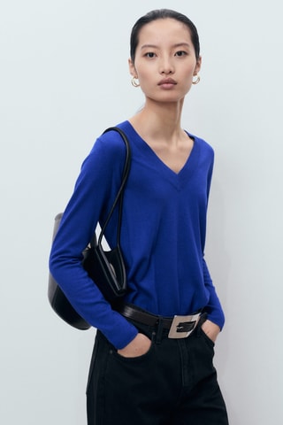 Pull-over maille col en V - Bleu électrique