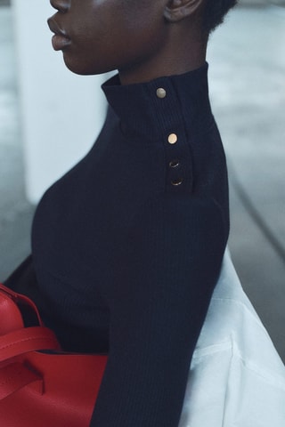 T-shirt maille côtelée boutons - Bleu marine