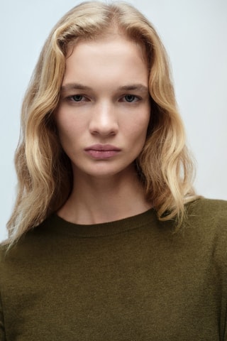 Pull-over laine mélangée col rond - Kaki