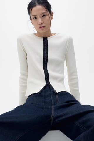 Cardigan coton fermeture contrastante - Ecru