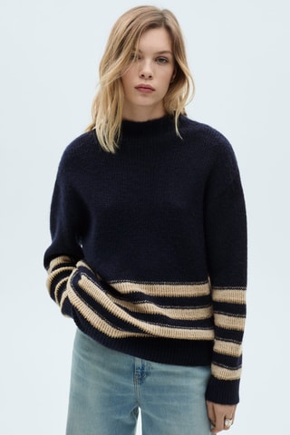 Pull-over rayures col montant - Bleu marine